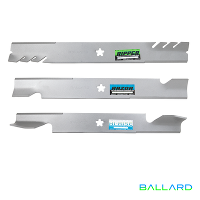 Mower Blades:  16 5/8" Long,  2.5" Wide,  5 PT Star Center Hole, Thickness- .203"(Three Spindles)